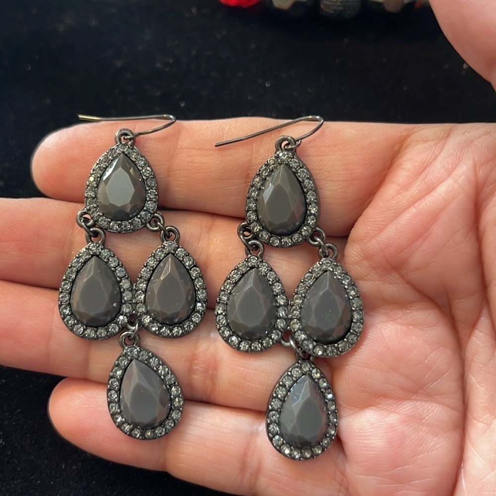 GREY Stones With Diamond Like Tiny Stones Surrounding Dangling Pierced Earrings
